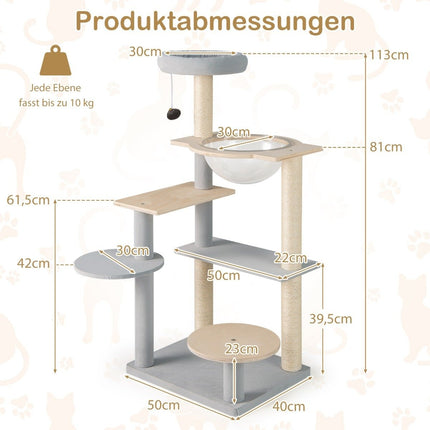 113cm High Modern Scratching Post with Removable & Padded Viewing Platform Climbing Tree