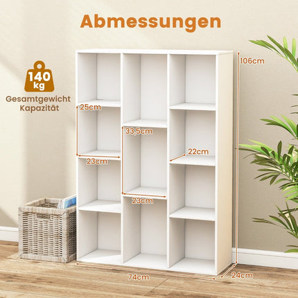 11-Shelf White Bookcase, 74x24x106 cm, Freestanding
