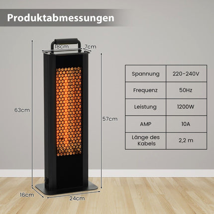 Vrijstaande kachel 1200W met kantel- en oververhittingsbeveiliging, elektrische kachel van aluminium, terrasverwarmer, waterdicht