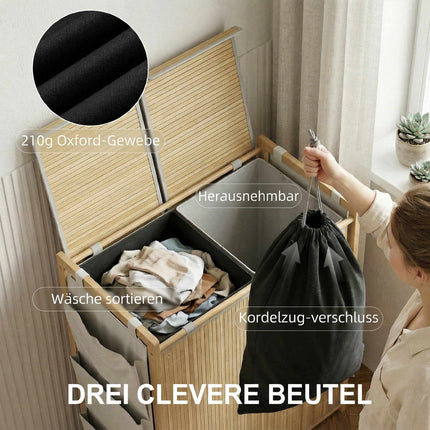 120L Bamboo Laundry Hamper With Lid, Side Pockets
