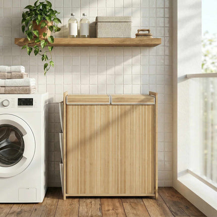 120L Bamboo Laundry Hamper With Lid, Side Pockets
