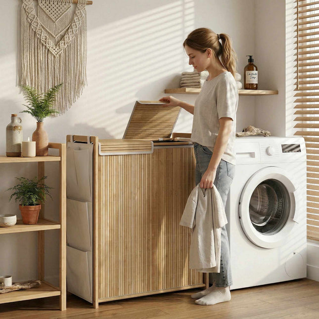 120L Bamboo Laundry Hamper With Lid, Side Pockets
