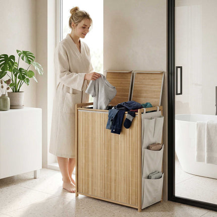 120L Bamboo Laundry Hamper With Lid, Side Pockets