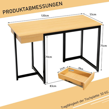 120 cm Long Computer Desk with Drawer & Adjustable Pads Computer Desk Natural