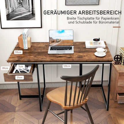 120cm Long Computer Desk with Drawer & Adjustable Pads Computer Desk Rustic Brown