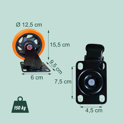 125 mm Swivel Castors Set, Steel & PVC, 150 kg Load