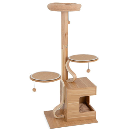 129cm Wooden Scratching Post with Cat Cave & Removable Mats & Balls Cat Tree