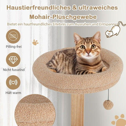 129cm Wooden Scratching Post with Cat Cave & Removable Mats & Balls Cat Tree