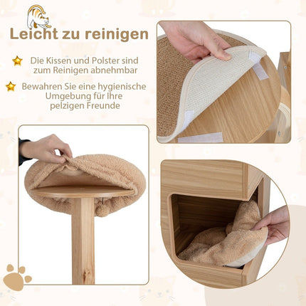 129cm Wooden Scratching Post with Cat Cave & Removable Mats & Balls Cat Tree