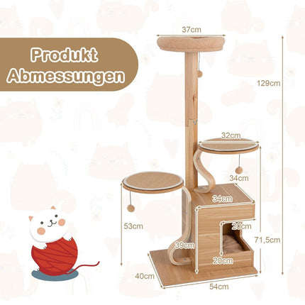 129cm Wooden Scratching Post with Cat Cave & Removable Mats & Balls Cat Tree