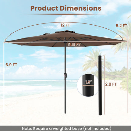 12 Ft Patio Umbrella With Crank Handle, 8 Ribs, Coffee