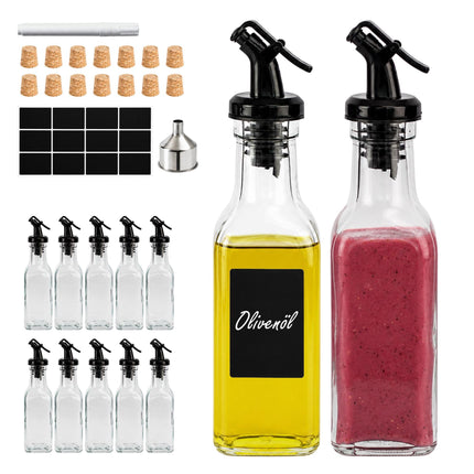 12 Glass Oil Bottles with Pourers and Labels Set