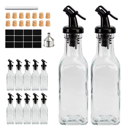 12 Glass Oil Bottles with Pourers and Labels Set
