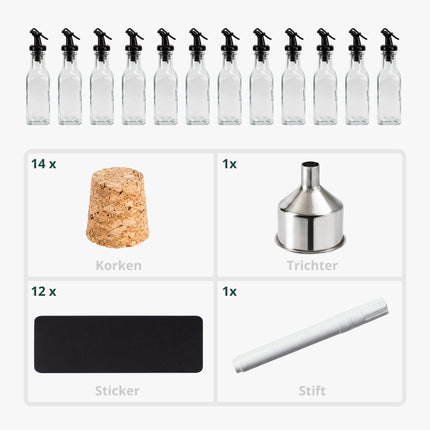 12 Glass Oil Bottles with Pourers and Labels Set