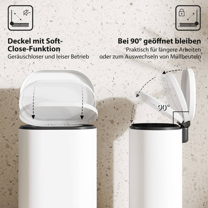 12L White Trash Can with Lid, Foot Pedal, Soft-Close