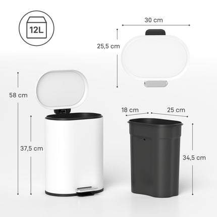 12L White Trash Can with Lid, Foot Pedal, Soft-Close