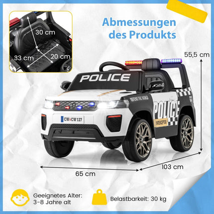 12V elektrische kinderauto Politie elektrische kinderauto met afstandsbediening Elektrische auto voor kinderen vanaf 3 jaar Wit