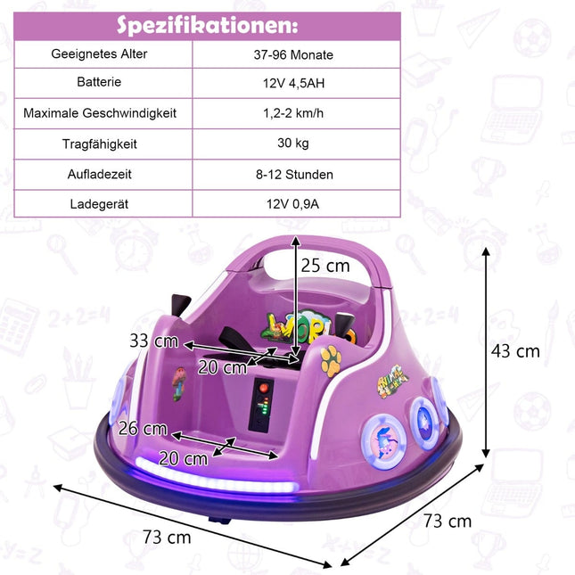 12V Kids Bumper Car, 360 Spin, Music & Remote, Purple