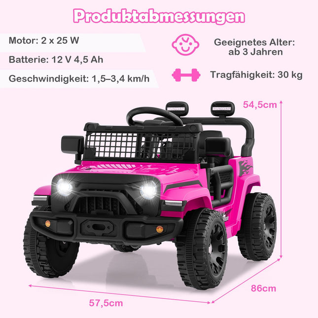 12V Kids Electric Car with Remote, Music, LED Lights, Pink