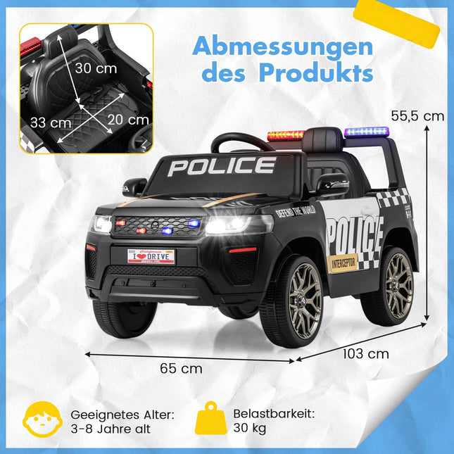 12V Kids Police Car with Remote, Siren & LED Lights