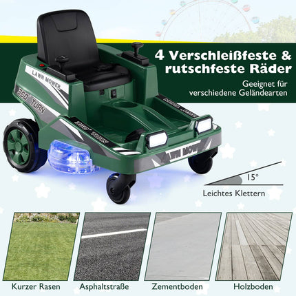 12V Kids Ride-On Mower with 360 Rotation & LED Lights