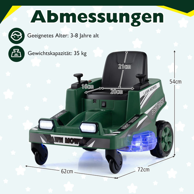 12V Kids Ride-On Mower with 360 Rotation & LED Lights