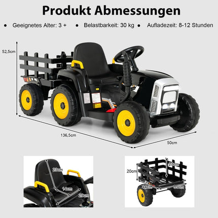 12V Kids Tractor with Detachable Trailer & Remote Control Electric Toy Car Black