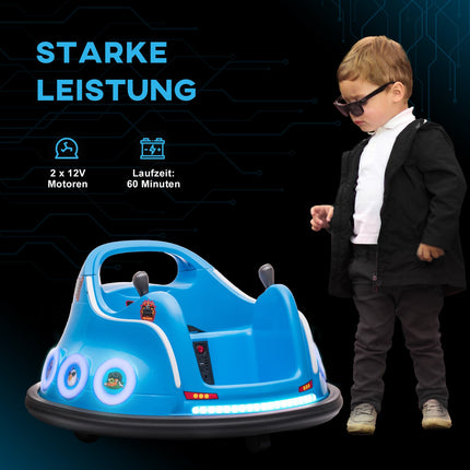 12V kinderbotsauto met 2,4 G afstandsbediening, elektrische bumper met muziek en verlichting, 1,5-3 km/u, elektrische kinderauto met 360° rotatie, voor kinderen van 3-5 jaar, blauw