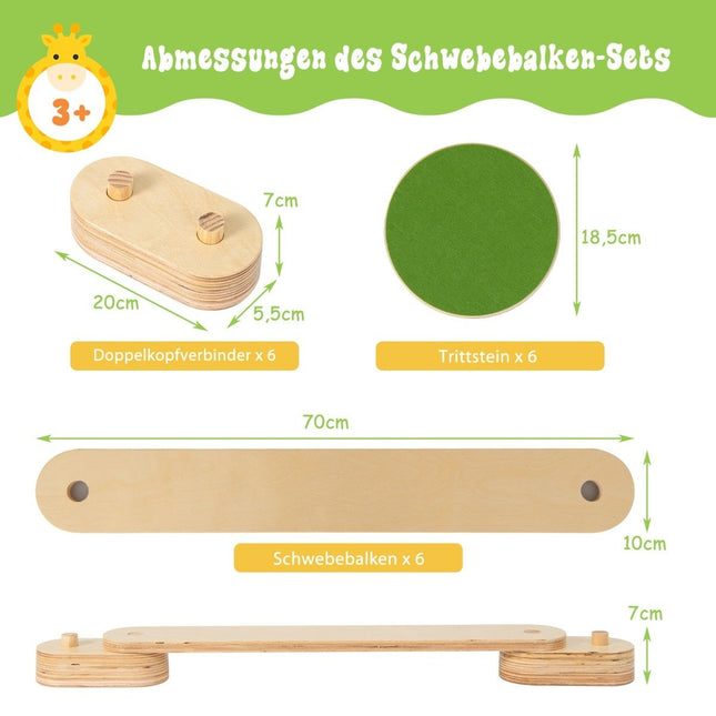 12-piece balance beam with 6 balancing stones, freely combinable, made of wood for children
