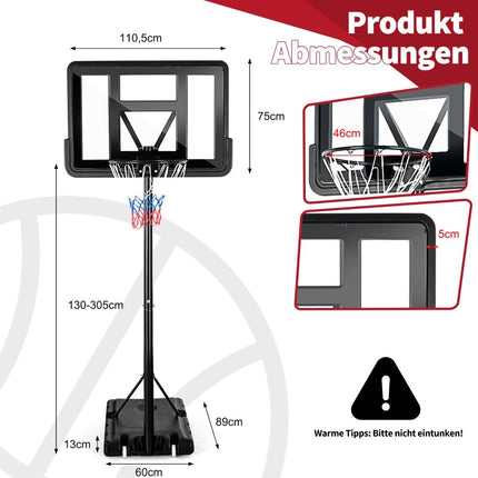 130 - 305 cm basketball stand with net & 2 wheels, height adjustable black