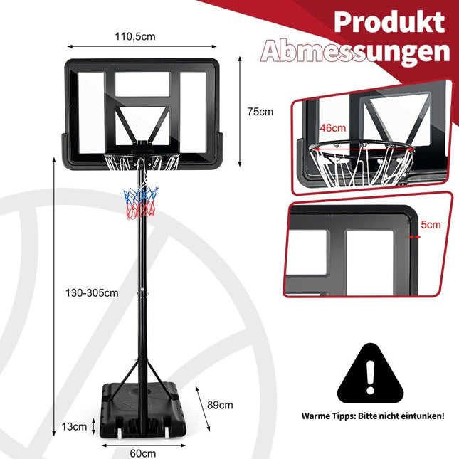 130 - 305 cm basketball stand with net & 2 wheels, height adjustable black