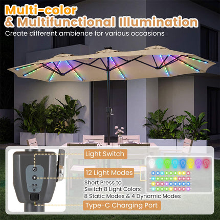 13 FT Double-Sided Patio Umbrella with LED Lights & Base