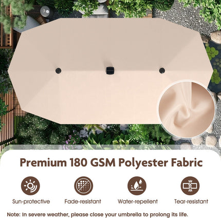 13 Ft Double-Sided Patio Umbrella, Solar LED, Crank, Beige
