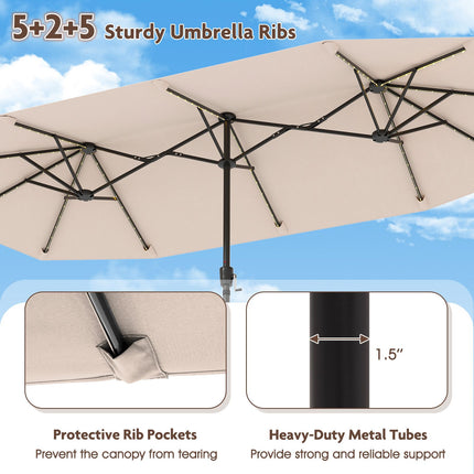 13 Ft Double-Sided Patio Umbrella, Solar LED, Crank, Beige