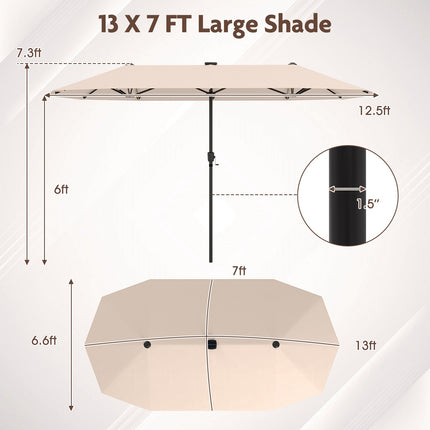 13 Ft Double-Sided Patio Umbrella, Solar LED, Crank, Beige