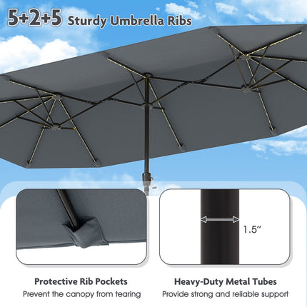 13 Ft Double-Sided Patio Umbrella – Solar LED, Crank