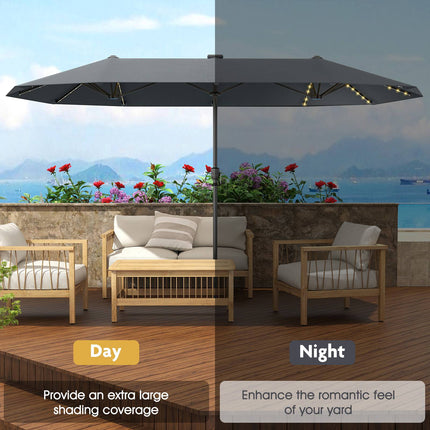 13 Ft Double-Sided Patio Umbrella – Solar LED, Crank