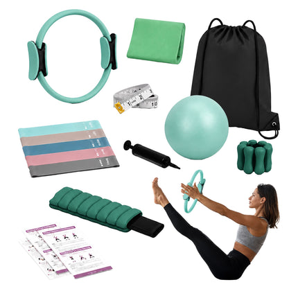 13-Piece Green Pilates Set with Ring, Ball, Bands, Weights