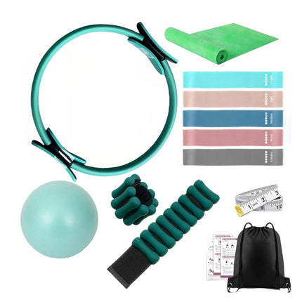 13-Piece Green Pilates Set with Ring, Ball, Bands, Weights