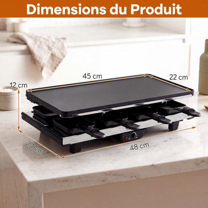 1400W Raclette Grill with Reversible Non-Stick Plate, 8 Pans