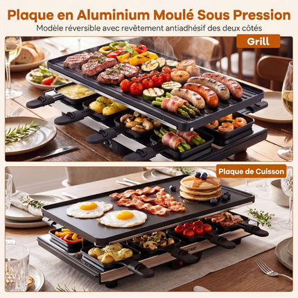 1400W Raclette Grill with Reversible Non-Stick Plate, 8 Pans