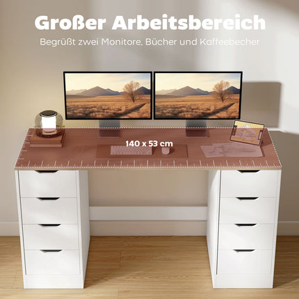 140 cm Computer Desk, 8 Drawers, Steel & Wood, White