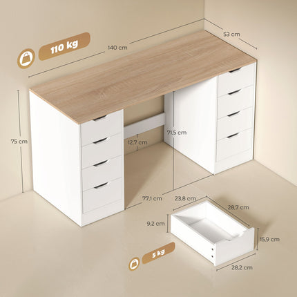 140 cm Computer Desk, 8 Drawers, Steel & Wood, White
