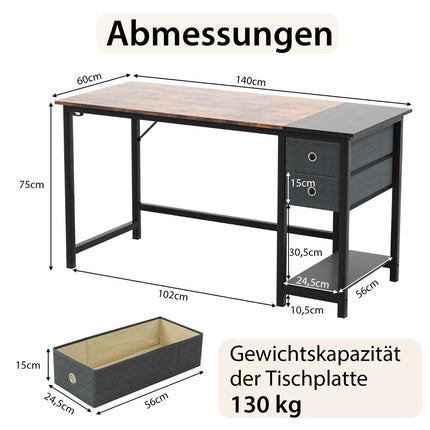 140 cm long desk with 2 drawers & headphone hook & storage compartment computer desk