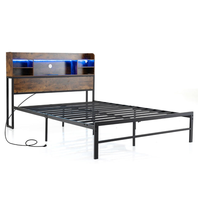 140 x 200 cm Bed Frame with LED Lights & Charging Station