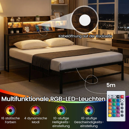 140 x 200 cm Bed Frame with LED Lights & Charging Station