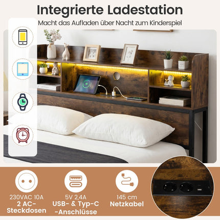 140 x 200 cm Bed Frame with LED Lights & Charging Station