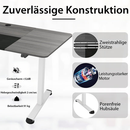 140 x 70 cm Electric Height Adjustable Desk with Stop Mechanism & Hooks Dark Gray