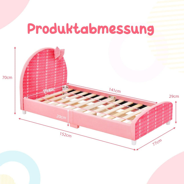 140 x 70 cm children's bed with soft headboard and footboard slatted frame baby bed pink bow