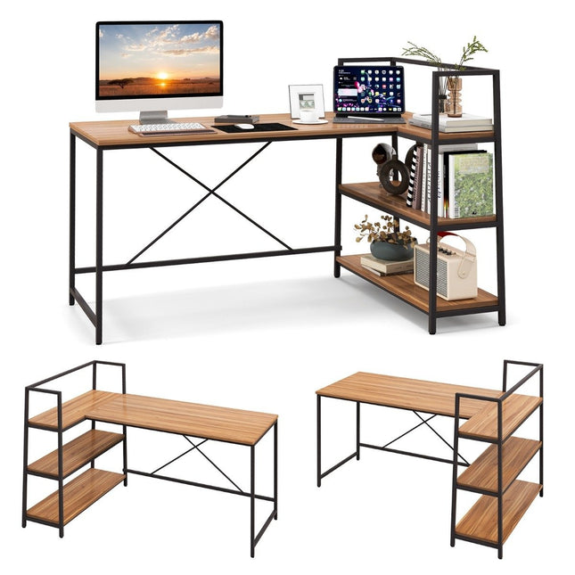 148 cm long L-shaped computer desk with open shelves, space-saving desk for a modern workstation, walnut